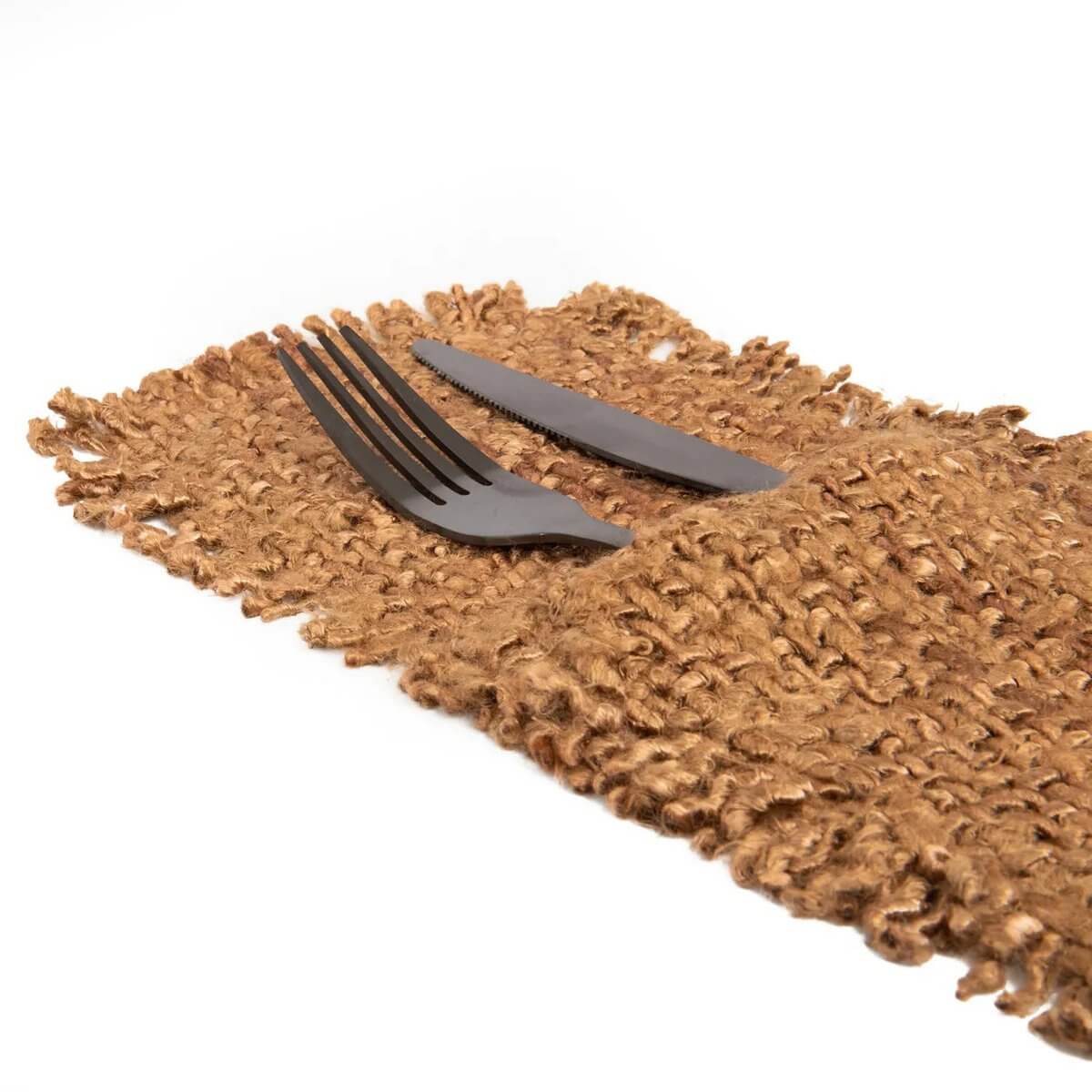 Bohemian brown cutlery holder set of 4 with cotton silk-look, ideal for luxury dining; fork and knife displayed on textured fabric.