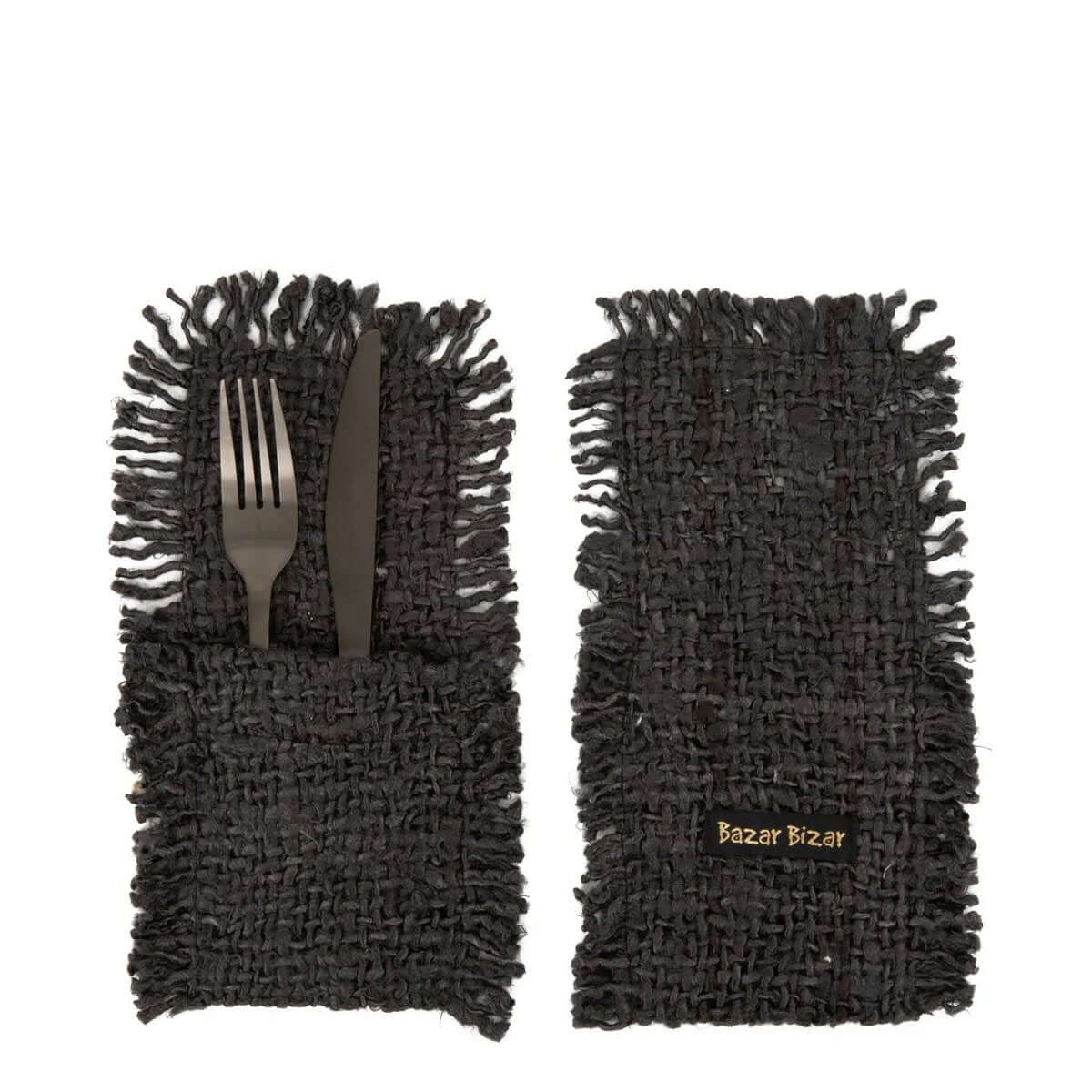 Bohemian zwart navy bestekhouder set van 4 met luxe katoen en zijdelook, handgemaakt voor een opvallende eettafel presentatie.