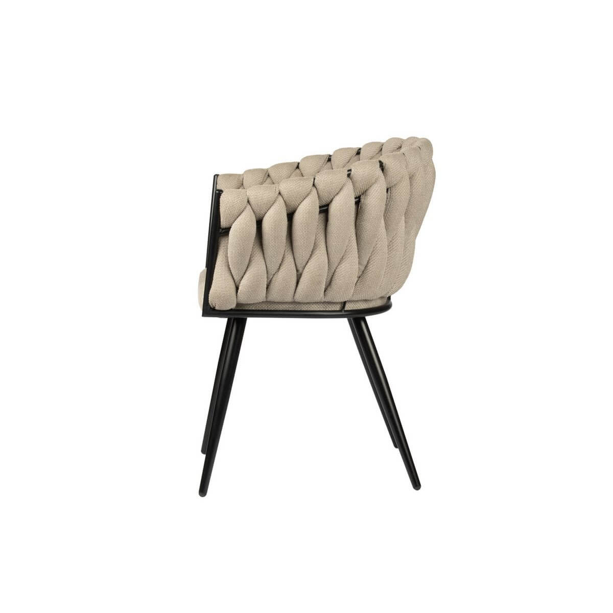 Zijaanzicht van de beige Wave stoel met uniek weefpatroon en zwart metalen poten, een moderne eyecatcher voor uw interieur.