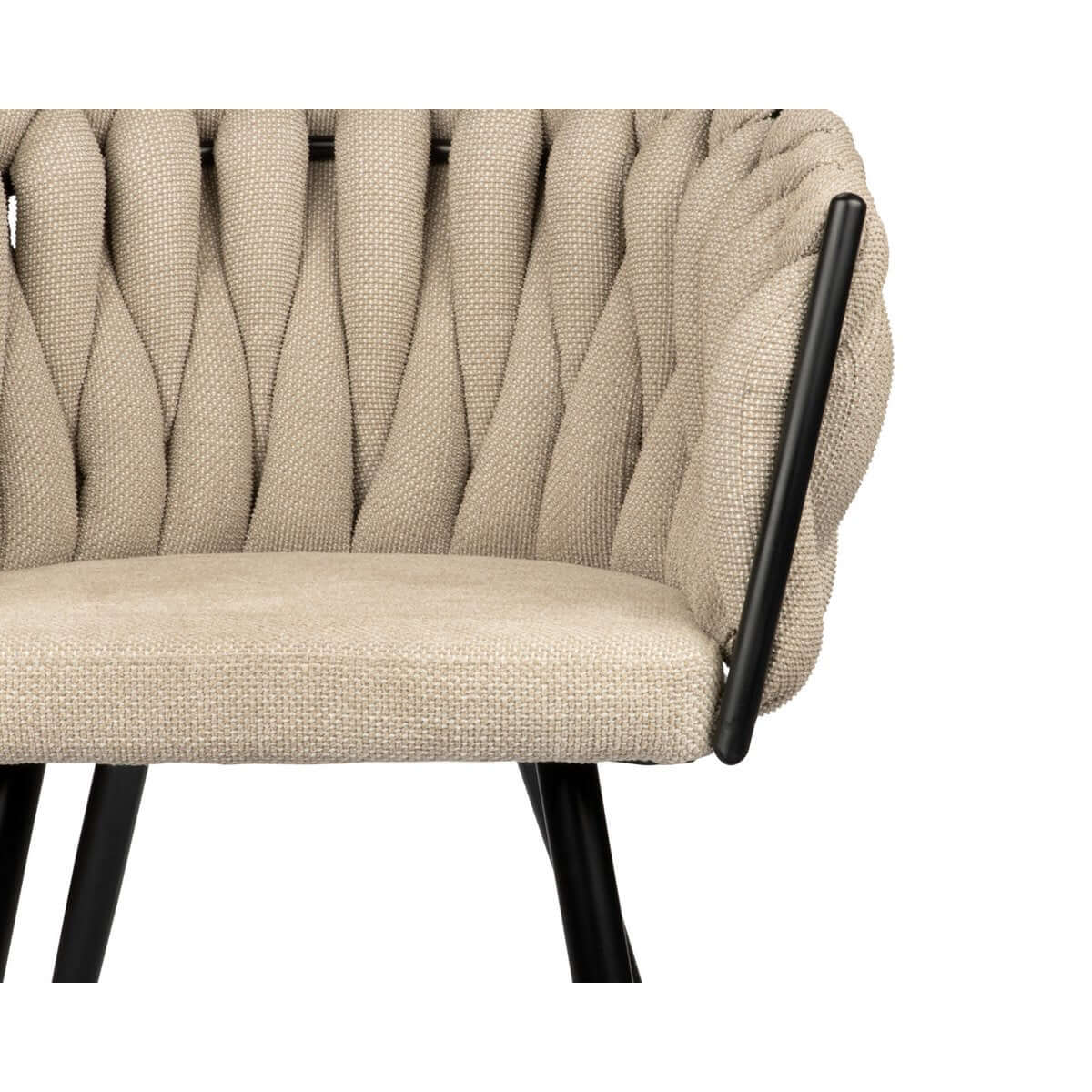 Beige Wave stoel met gevlochten rugleuning en zwart frame, luxe eyecatcher voor uw interieur.