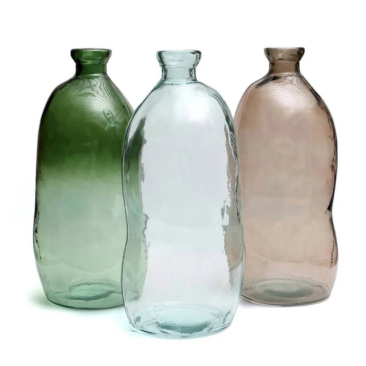 Bohemian style Jinsuo vases in beige, green, and clear glass, showcasing organic bottle-like shapes with smooth flowing lines.
