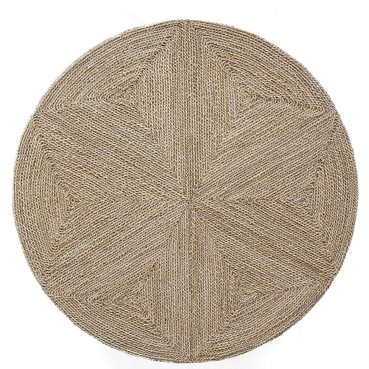 Natuurlijke zeegras poef met ronde vorm en geweven patroon, ideaal voor bohemian interieurstyling. Diameter 100 cm, stijlvol en functioneel.