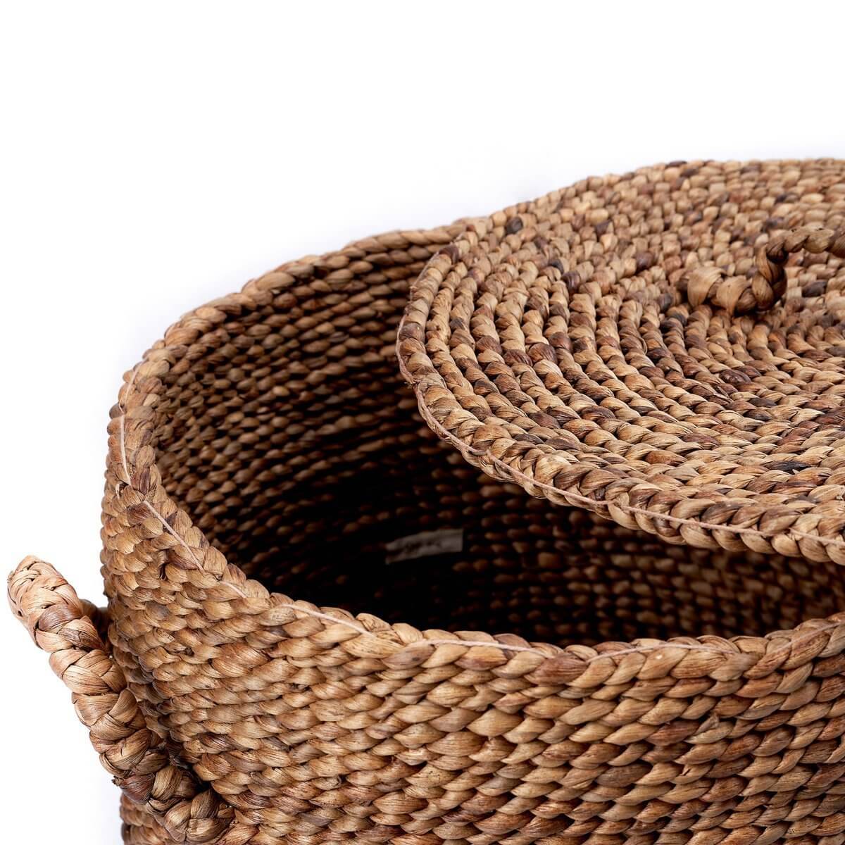 Grote waterhyacint wasmand Umbul met deksel, 57 cm diameter, handgeweven en duurzaam, perfect voor wasgoed, fairtrade.