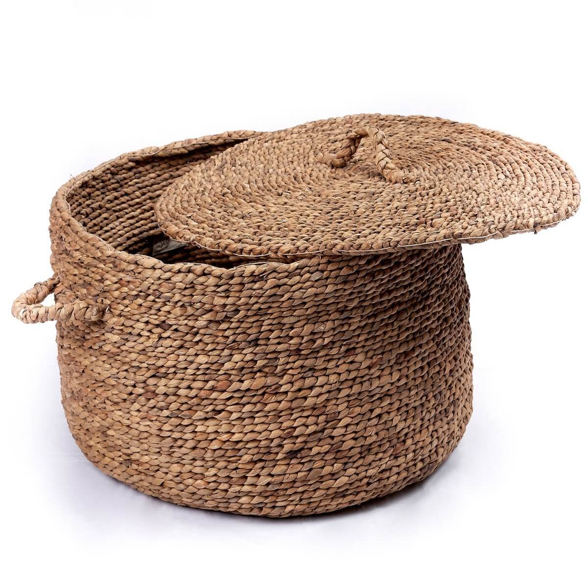 Grote UMBUL wasmand van waterhyacint met deksel en handvatten, 57 cm diameter, 37 cm hoog, duurzaam en handgemaakt.