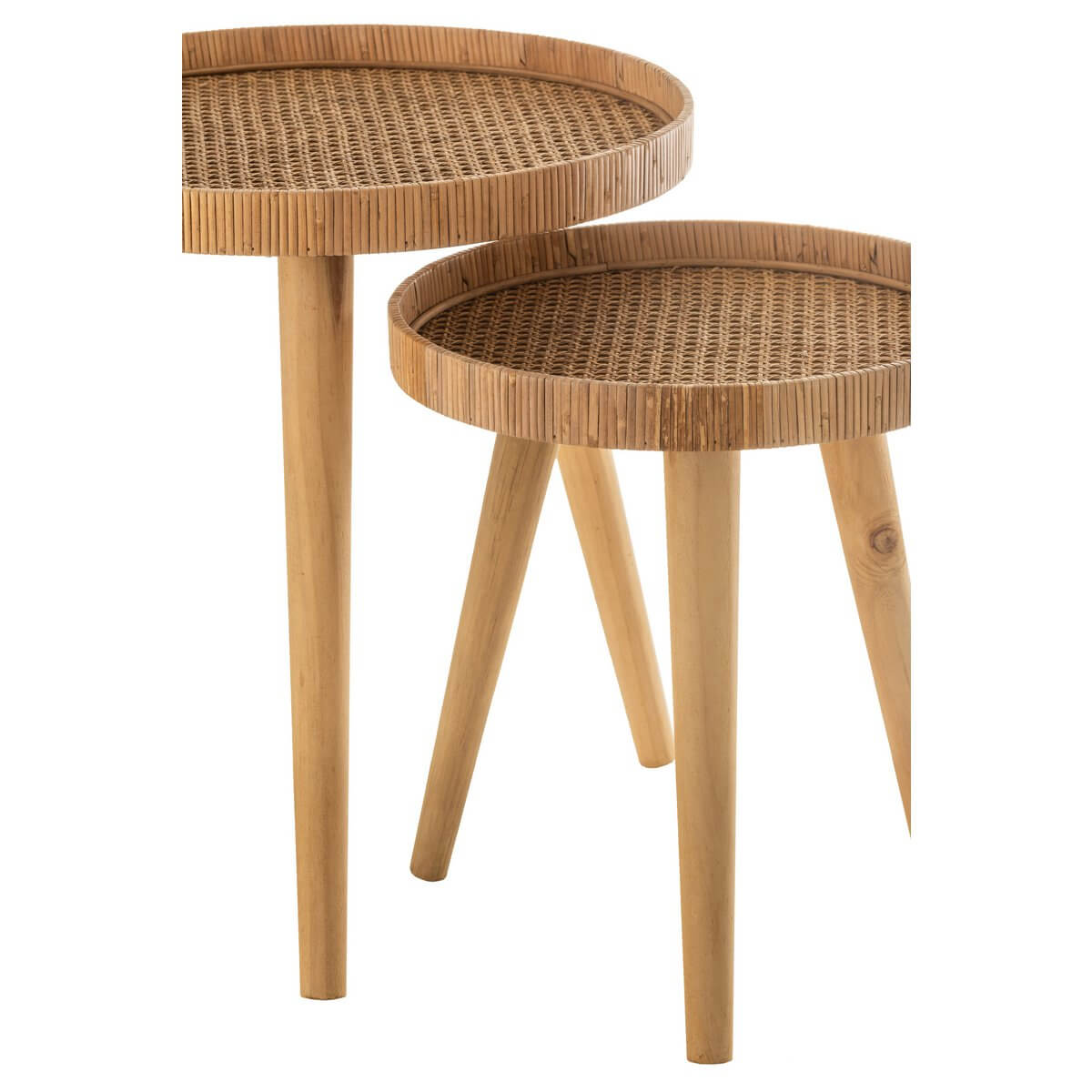 J-Line houten bijzettafel set met ronde bladen, natuurlijke uitstraling, duurzaam hout, perfect voor woonkamer of slaapkamer.