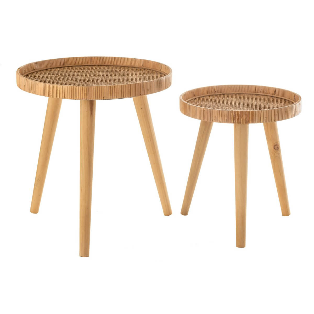 Houten bijzettafels van J-Line met rond tafelblad en drie poten, perfect voor een stijlvolle en rustieke touch in je interieur.