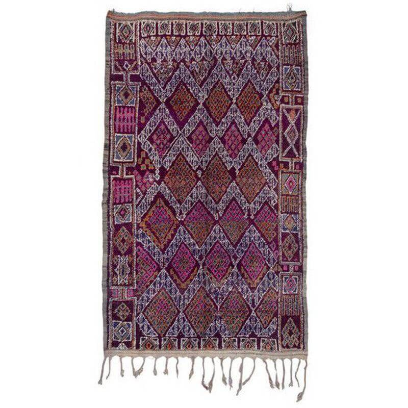 Oude Marokkaanse Berber Beni Mguild tapijt 3x1,8m met geometrische patronen en vervaagde kleuren voor vintage look.