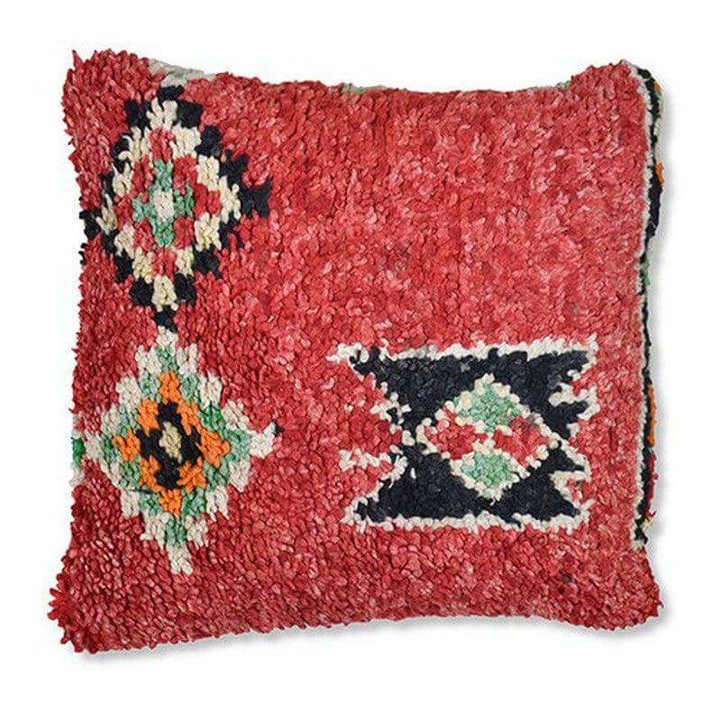 Handgemaakt Marokkaans kussen P430 met kleurrijk Berber design, unieke vintage stijl voor een levendige woonruimte.