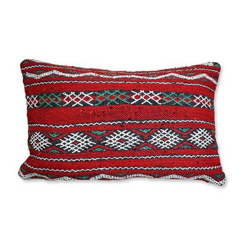 Marokkaans kussen P694, handgemaakt van vintage Berberkleed, rood en groen, een unieke eyecatcher voor woon- of slaapkamer.