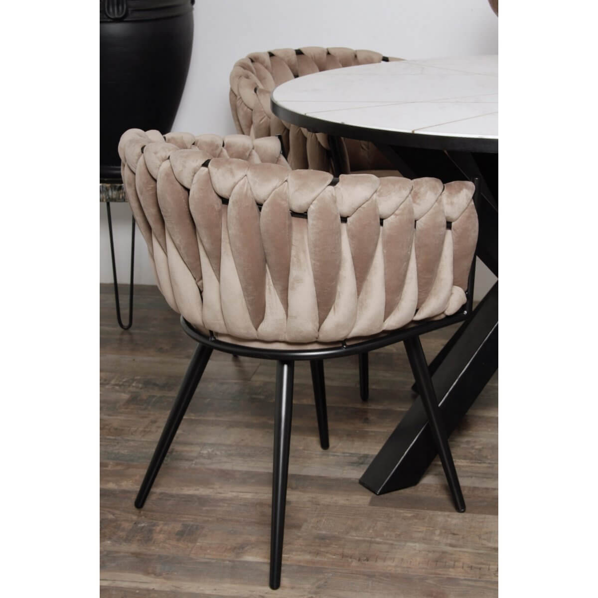 Wave stoel zandwit in set van 2 met uniek weefpatroon rugleuning, luxe moderne stoel voor eetkamer.