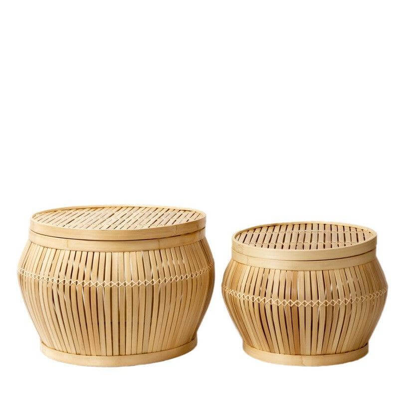 Set van twee Bamboe bijzettafels BATAVIA met opbergruimte, handgemaakt en duurzaam, in maten 45 cm en 55 cm.
