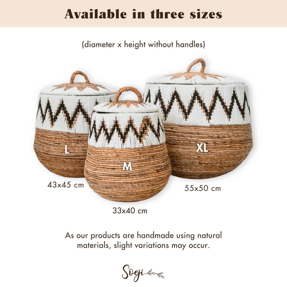 Set van 3 boho wasmanden in kleine, middelgrote en extra grote maten. Handgemaakt van natuurlijke materialen. Elegante opbergoplossing.