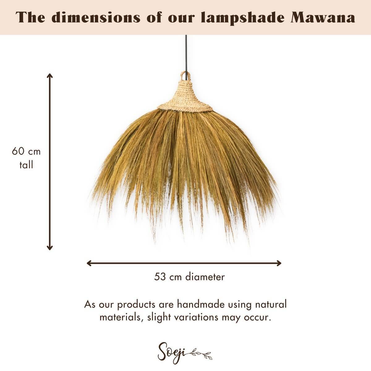Boho hanglamp Mawana van zeegras, 53 cm diameter en 60 cm hoog, handgemaakt voor een serene, warme sfeer in huis.