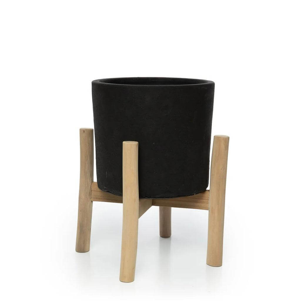 Boho vaas The Chalk High L, terracotta plantenbak met teakhouten standaard, perfect voor plantenouders, Javaans design.