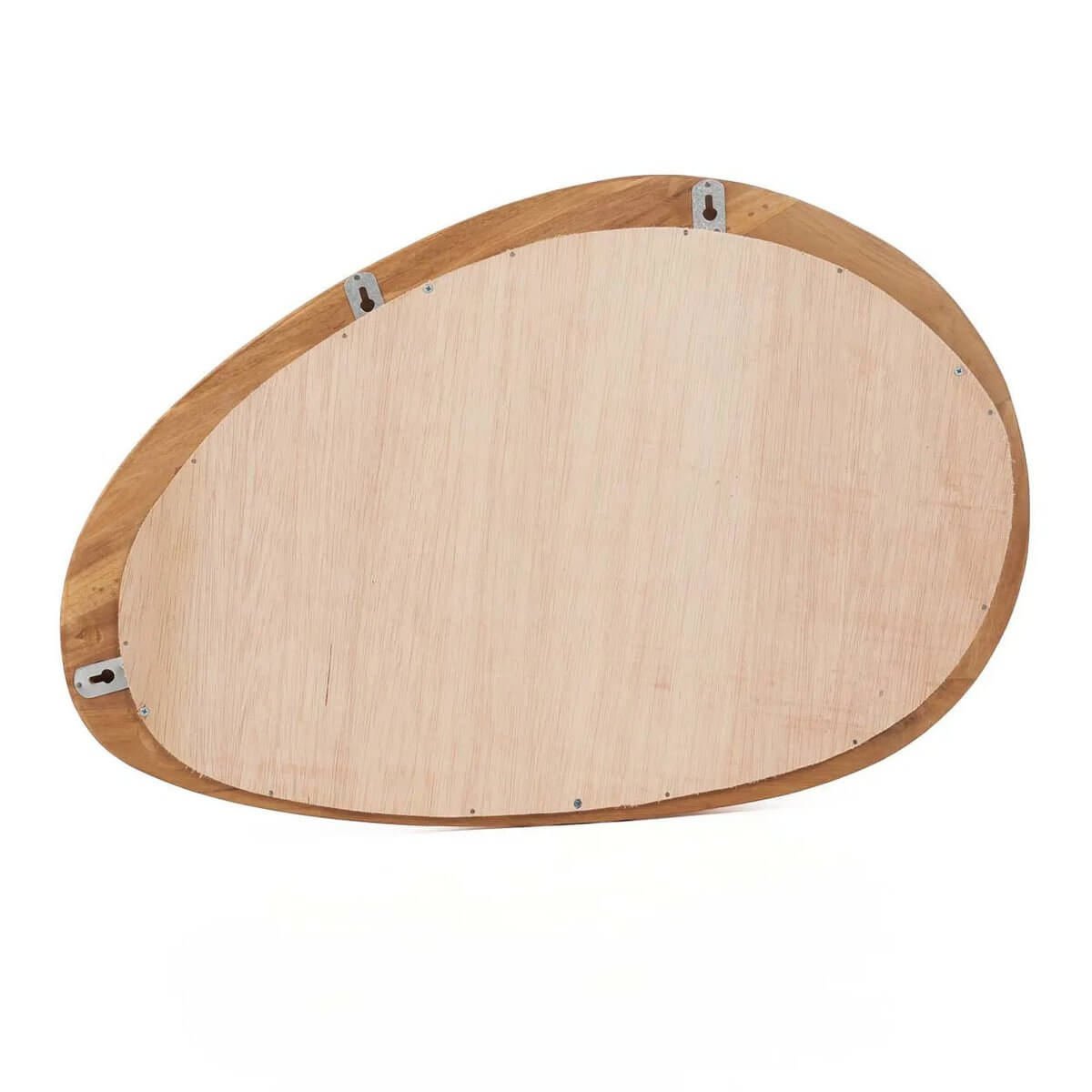 Back view of The Organic Mirror with rich teakwood frame, showcasing its unique bohemian design and natural elegance.
