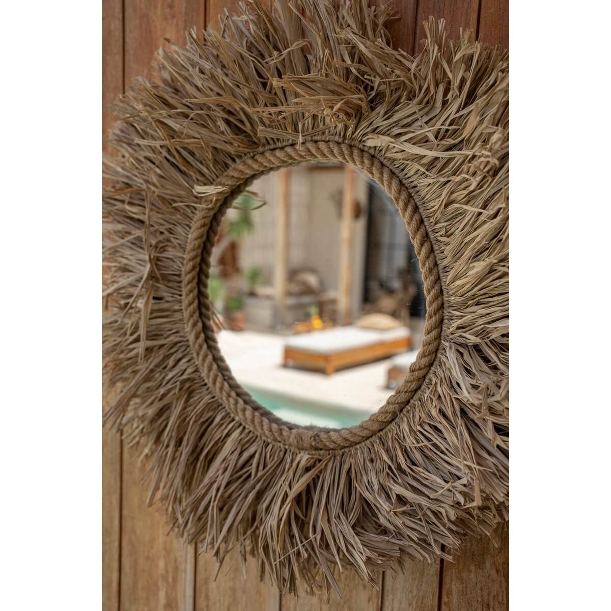 De Haïti-spiegel - handgemaakte raffiaspiegel, Bohemian stijl, weerspiegelt natuur en vakmanschap, decoratieve wandspiegel