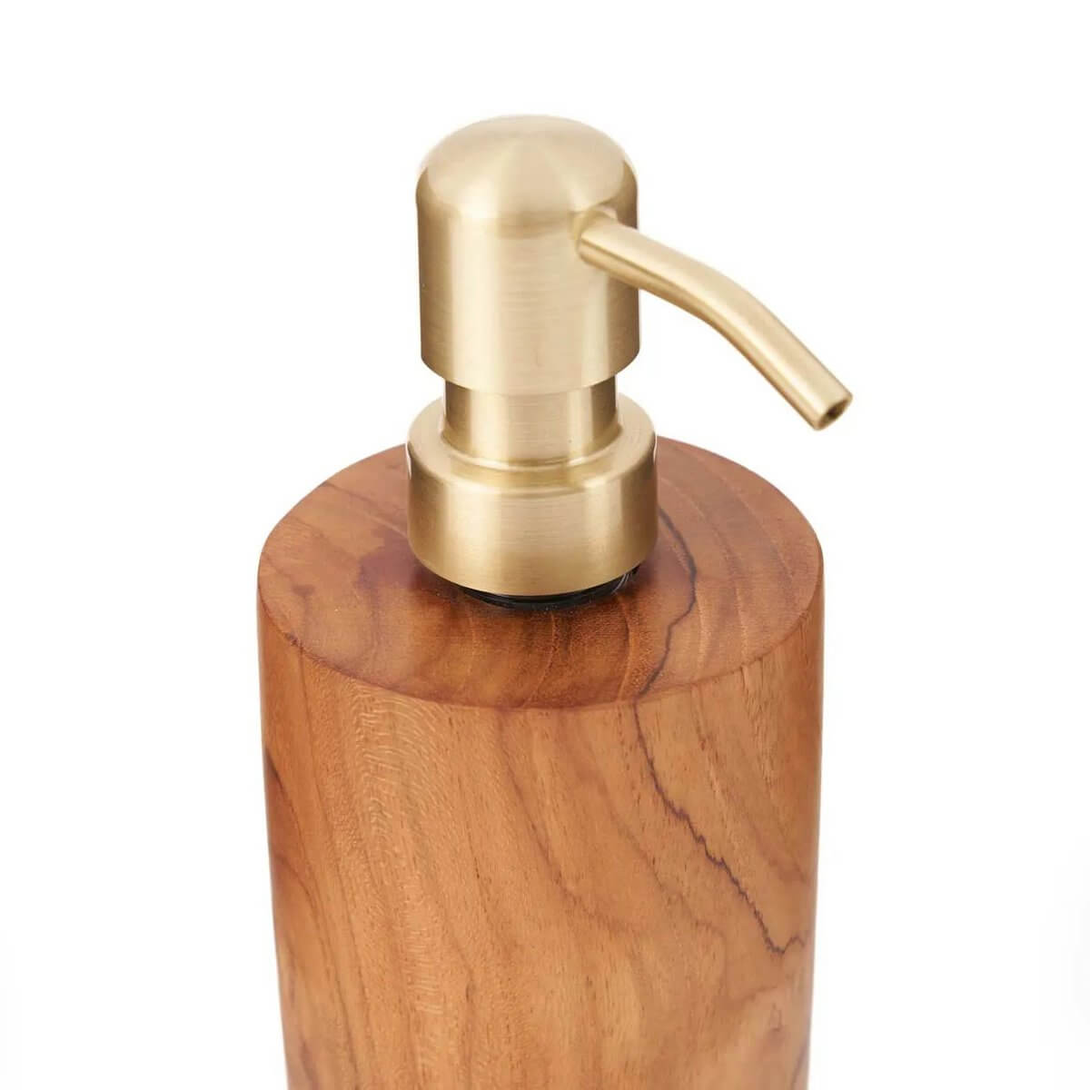 Handmade teak wood soap dispenser with gold pump, perfect for adding bohemian flair to your bathroom or kitchen decor.