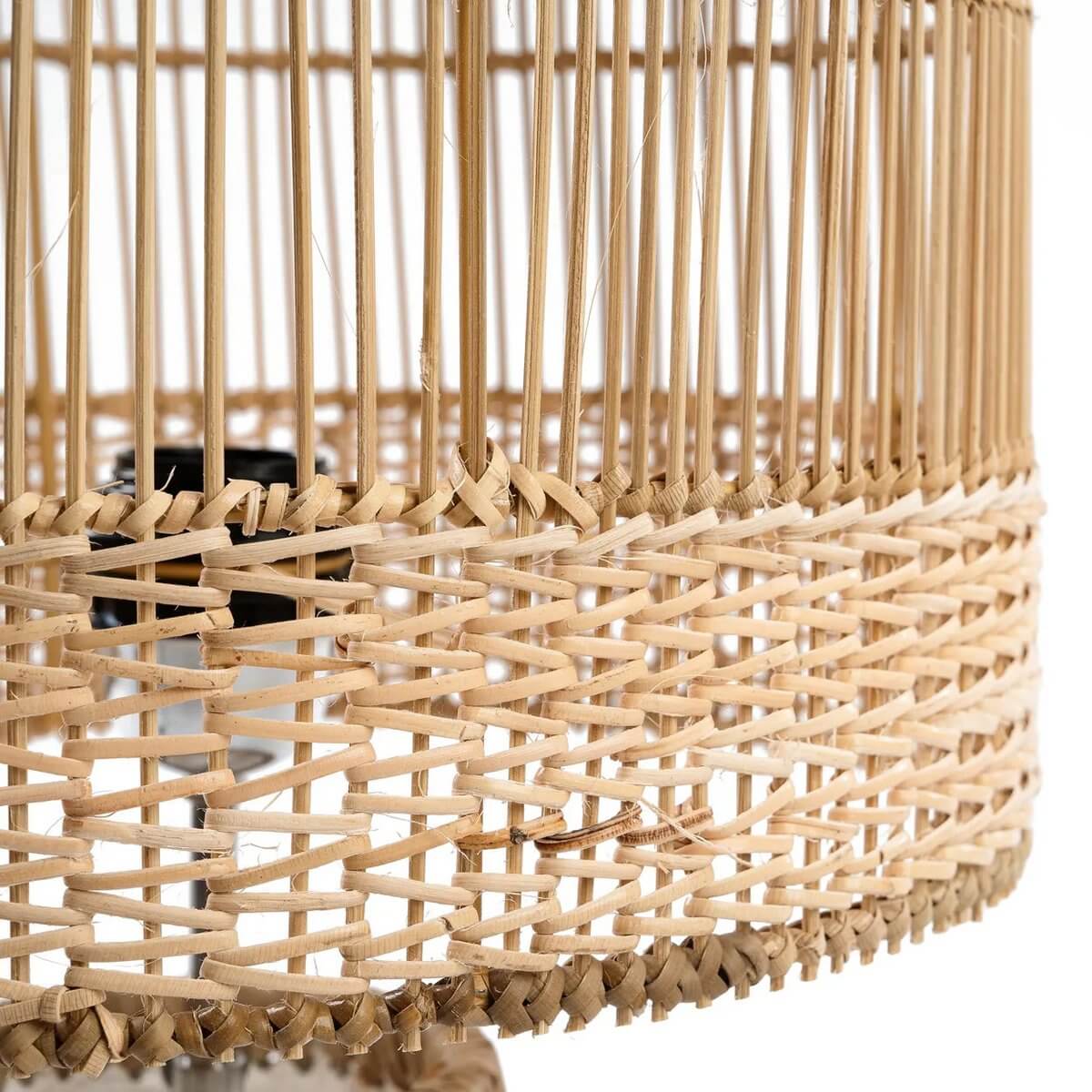 Close-up of Kiska Bohemian table lamp with rattan lampshade and raffia detail, showcasing elegant woven pattern in white and beige tones.