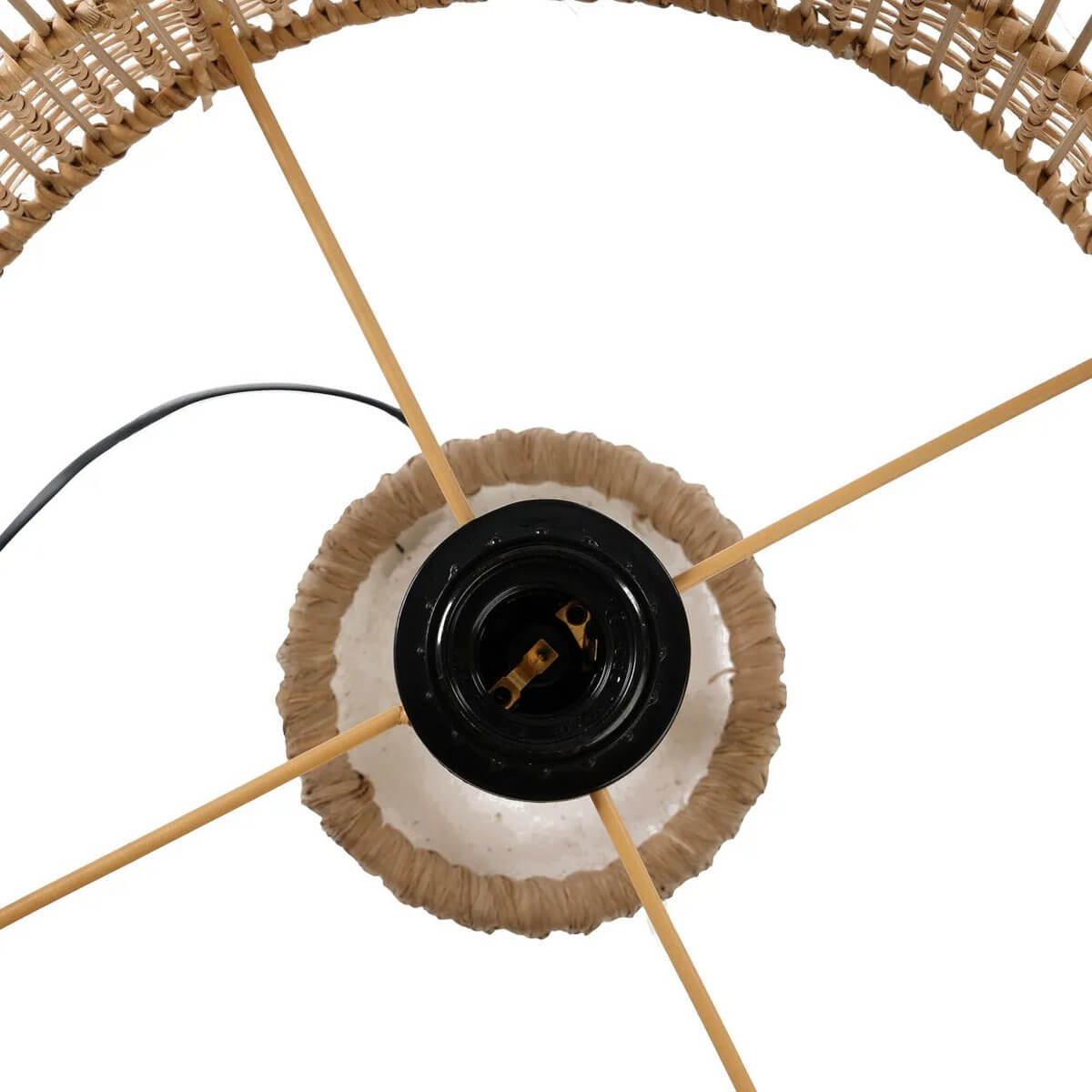 Top view of De Kiska Tafellamp showing rattan lampshade and white terracotta base, adding a Bohemian touch to your decor.