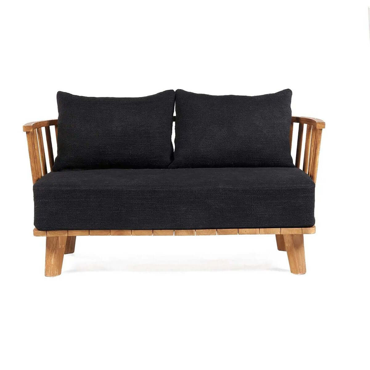 Bohemian black Malawi loveseat made from recycled teak with soft cushions, perfect for stylish indoor or covered outdoor spaces.