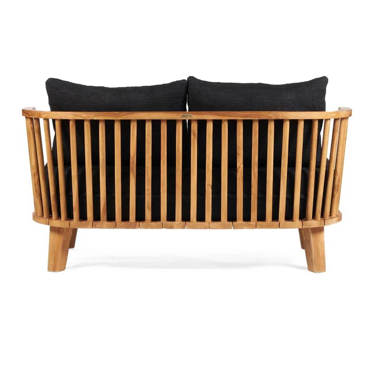 Bohemian-inspired De Malawi black two-seater couch with teak wood frame and plush cushions, perfect for relaxing indoors or outdoors.