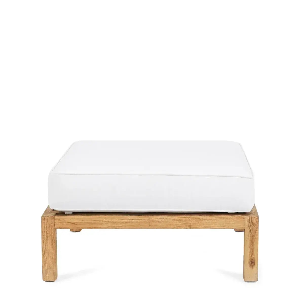 Bohemian De Moyo modulaire poef with eco-friendly design, white cushion, and wooden base, perfect for customizable outdoor seating.