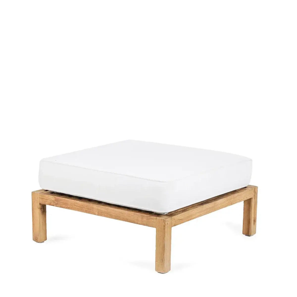 Bohemian style De Moyo modulaire poef, eco-friendly outdoor seating with white cushion and wooden frame, customizable for your space.