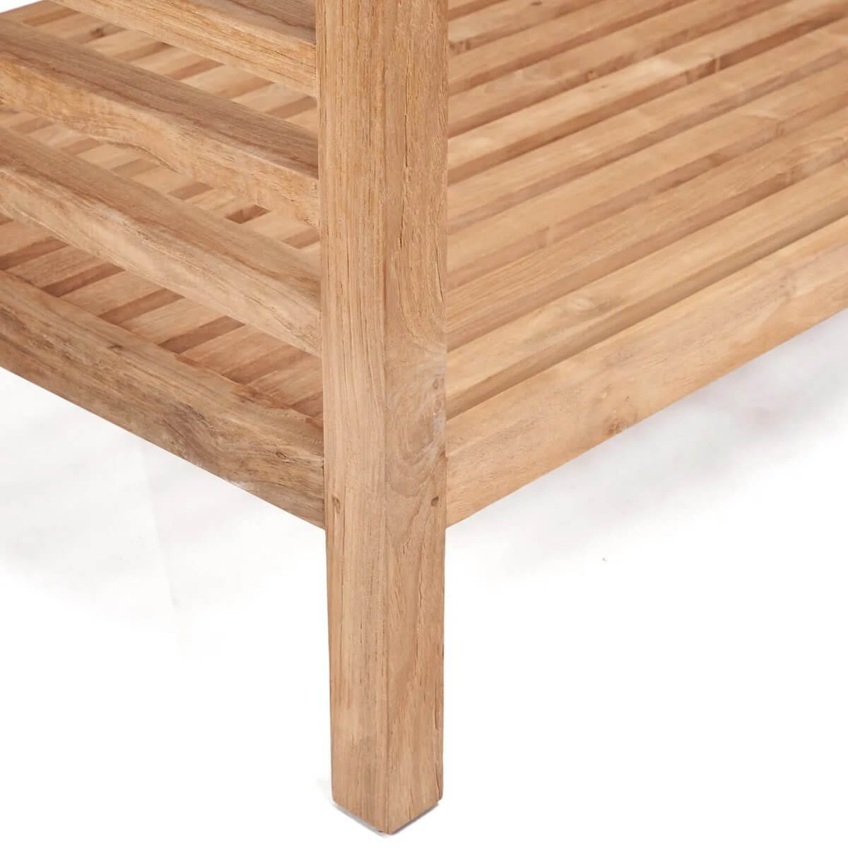 Close-up of wooden modular furniture piece with slatted shelf, showcasing a minimalist Bohemian design.