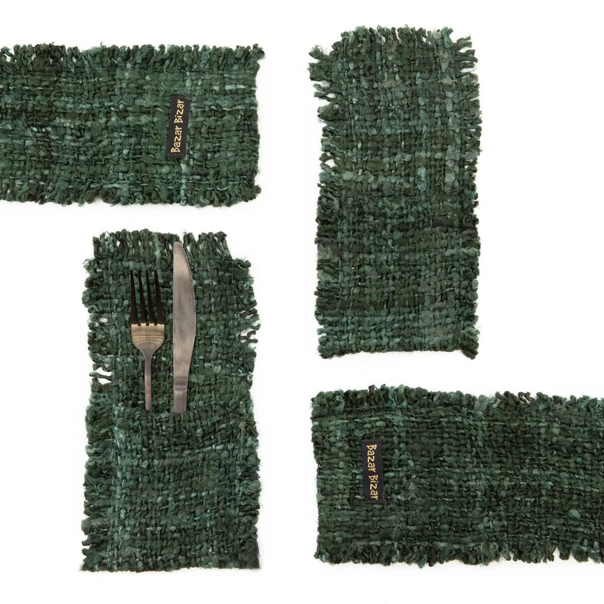 Bohemian-style bosgroen bestekhouder set van 4, handgemaakt katoen met zijdelook, perfect voor een luxe eettafel.