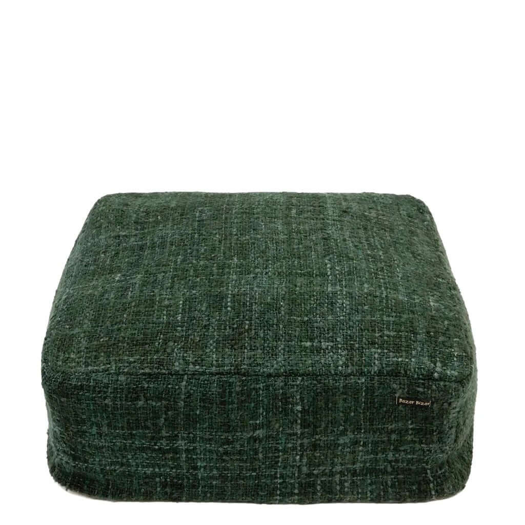 Donkergroene katoenen poef "De Oh My Gee" voor stijlvolle ontspanning. Handgemaakt textielaccessoire voor binnen of overdekte buitenruimte.