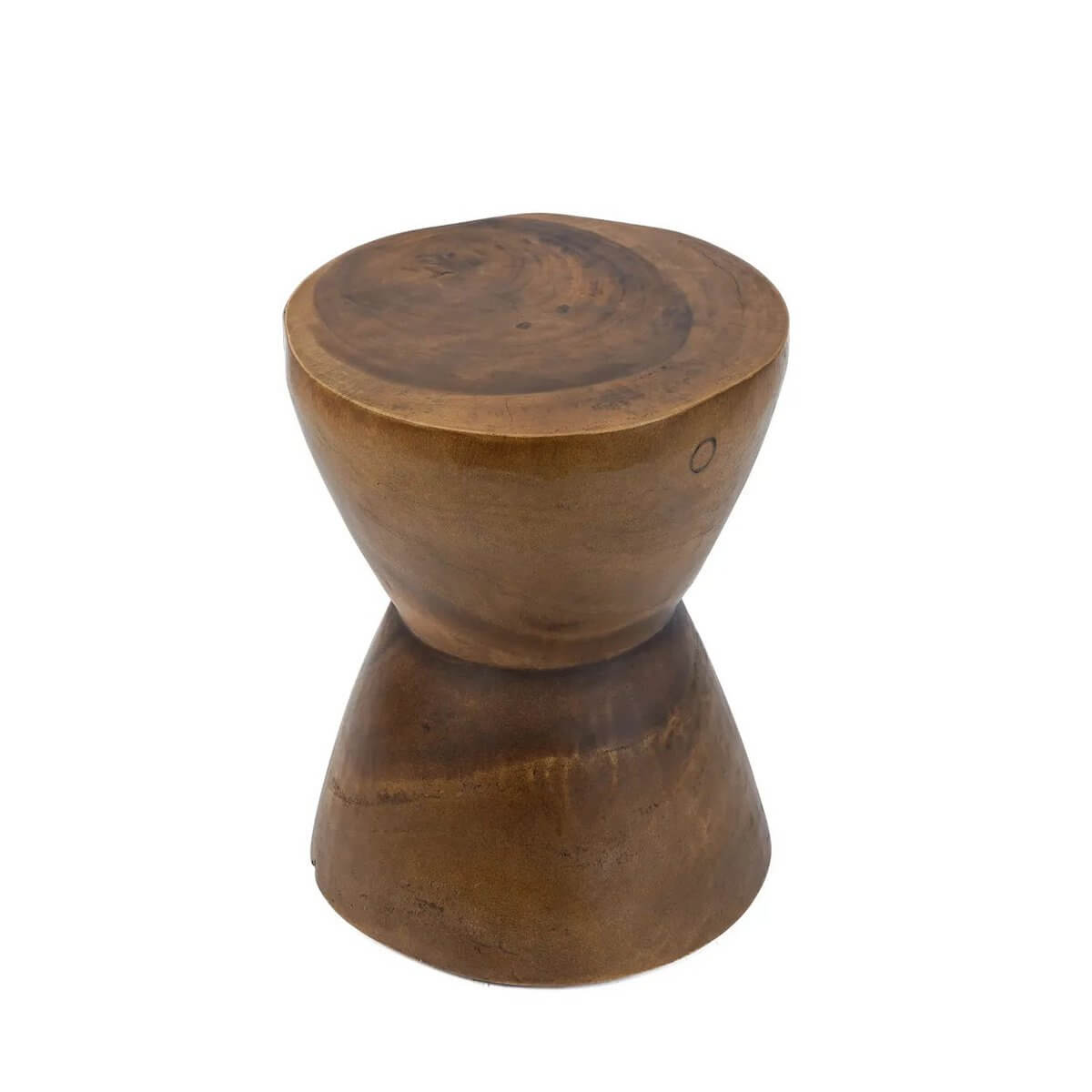 Bohemian Pacha Mama stool made of suar wood with natural brown finish, showcasing organic style and versatile use as a side table.