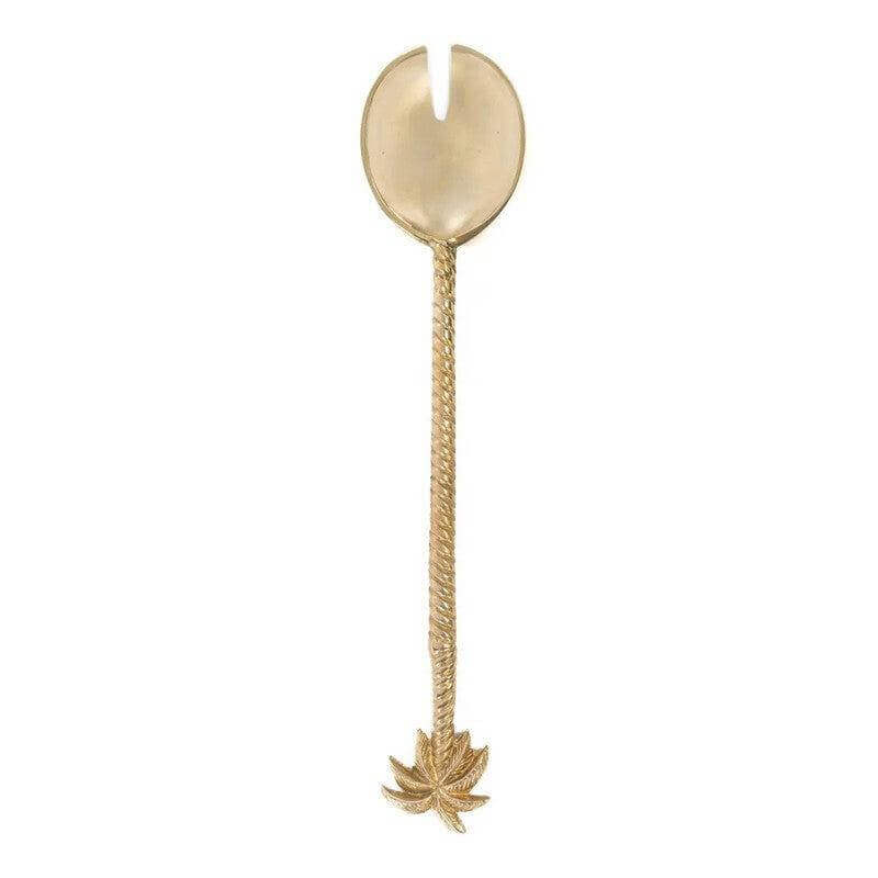 Gouden saladevork met palmboom ontwerp, gemaakt van massief messing, stralende glans en tropische details.
