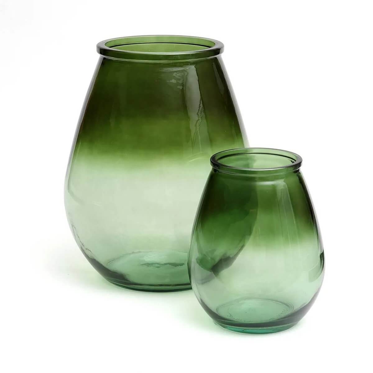 Green De Qiezi Vases in two sizes, made from recycled glass, showcasing a contemporary Bohemian style for chic and eco-friendly decor.