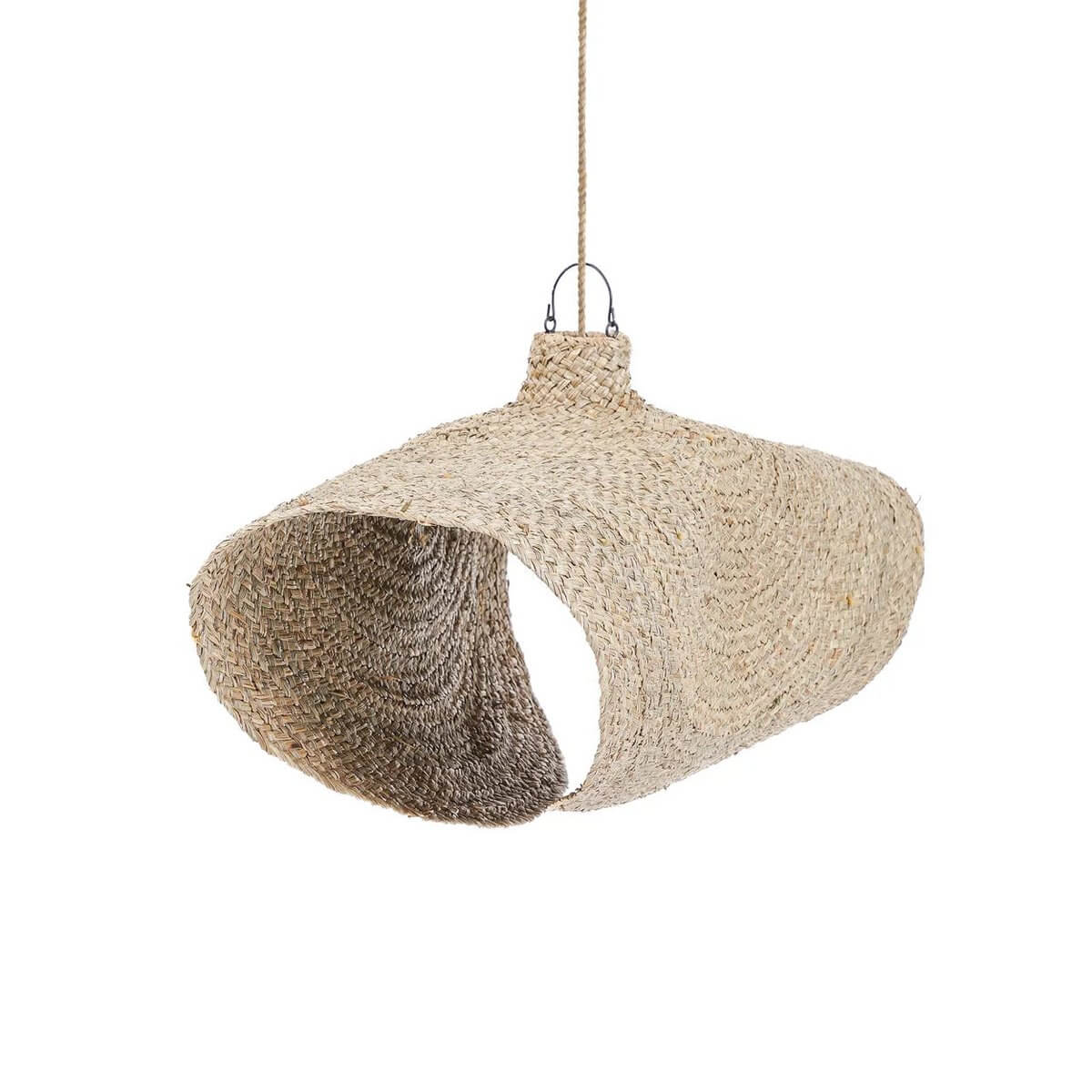 De Qubba Hanger Naturel XL, bohemian woven water hyacinth pendant lamp, organic shape creates cozy light patterns, coastal paradise feel.