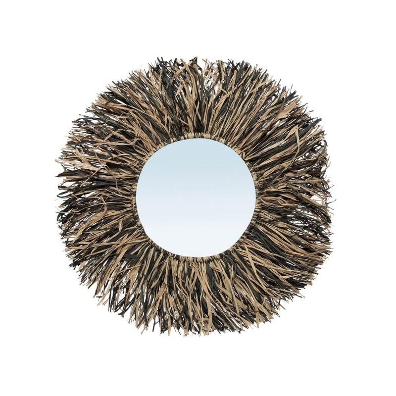 De Raffia Fringe Spiegel - Naturel Zwart - S-Bazar Bizar Living-Ik Hout ervan.