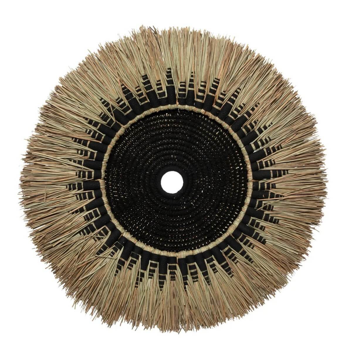 Bohemian decor: Handcrafted black cotton and raffia macramé wall piece, 60x60cm. Perfect coastal boho style by Bazar Bizar Living.