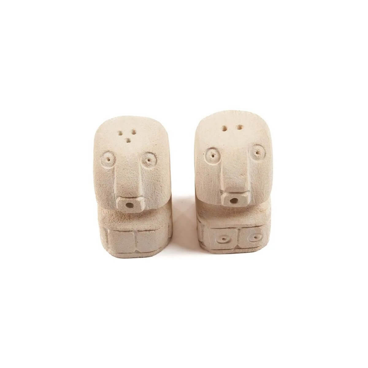 Bohemian Salt & Pepper Sumba, sandstone shakers resembling charming stone men with artistic, earthy design for elegant table decor.