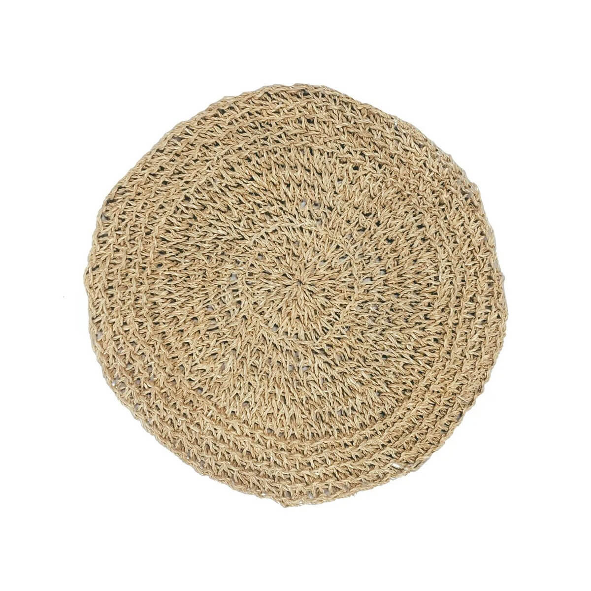 Round natural handwoven seagrass placemat for bohemian table settings, 40cm wide, by Bazar Bizar Living.