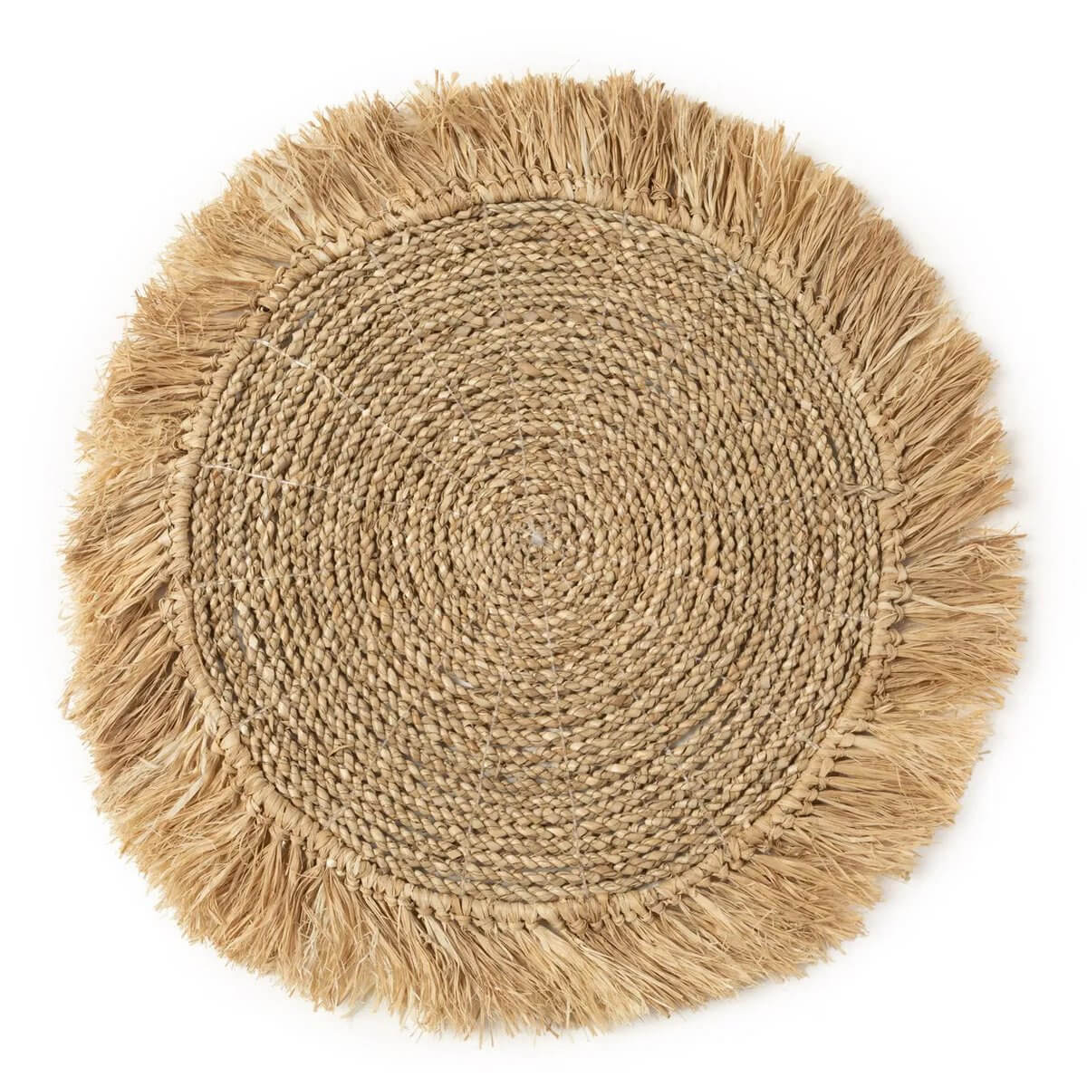 Bohemian style round raffia and seagrass placemat, natural tones, adds tropical flair to table settings. 45cm diameter, handmade.