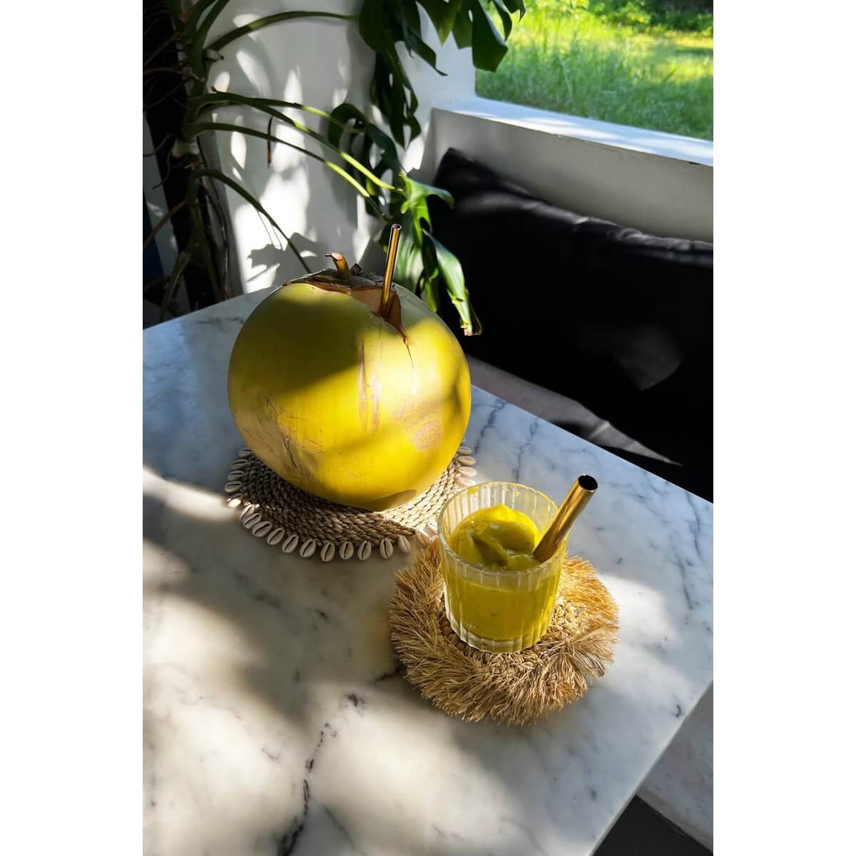 De Seagrass Shell Pan Coaster met kokosnoot en drankje op marmeren tafel, omringd door zonlicht en groen.