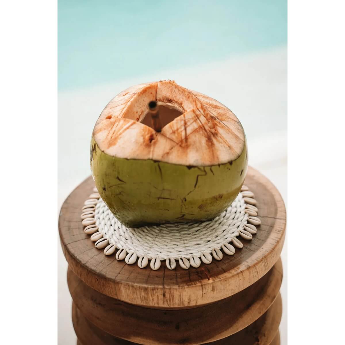 De Seagrass Shell Pan Coaster met kauri-schelpen en kokosnoot bovenop een houten tafel, perfect voor een eilandstijl thuis.