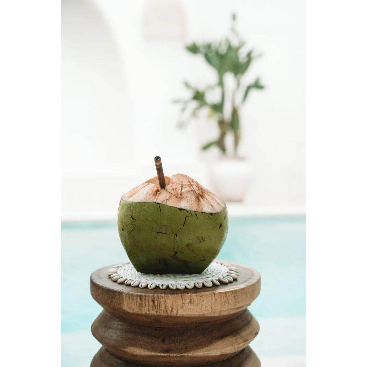 Alt Tag: Verse kokosnoot op zeegras onderzetter met schelpen, stijlvolle vakantie vibes voor in huis.