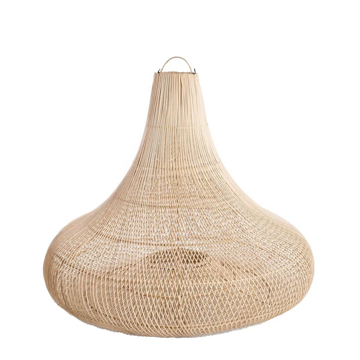 Bohemian style De Shala rattan lamp with organic bell shape, versatile as a hanging or floor lamp by Bazar Bizar Living.
