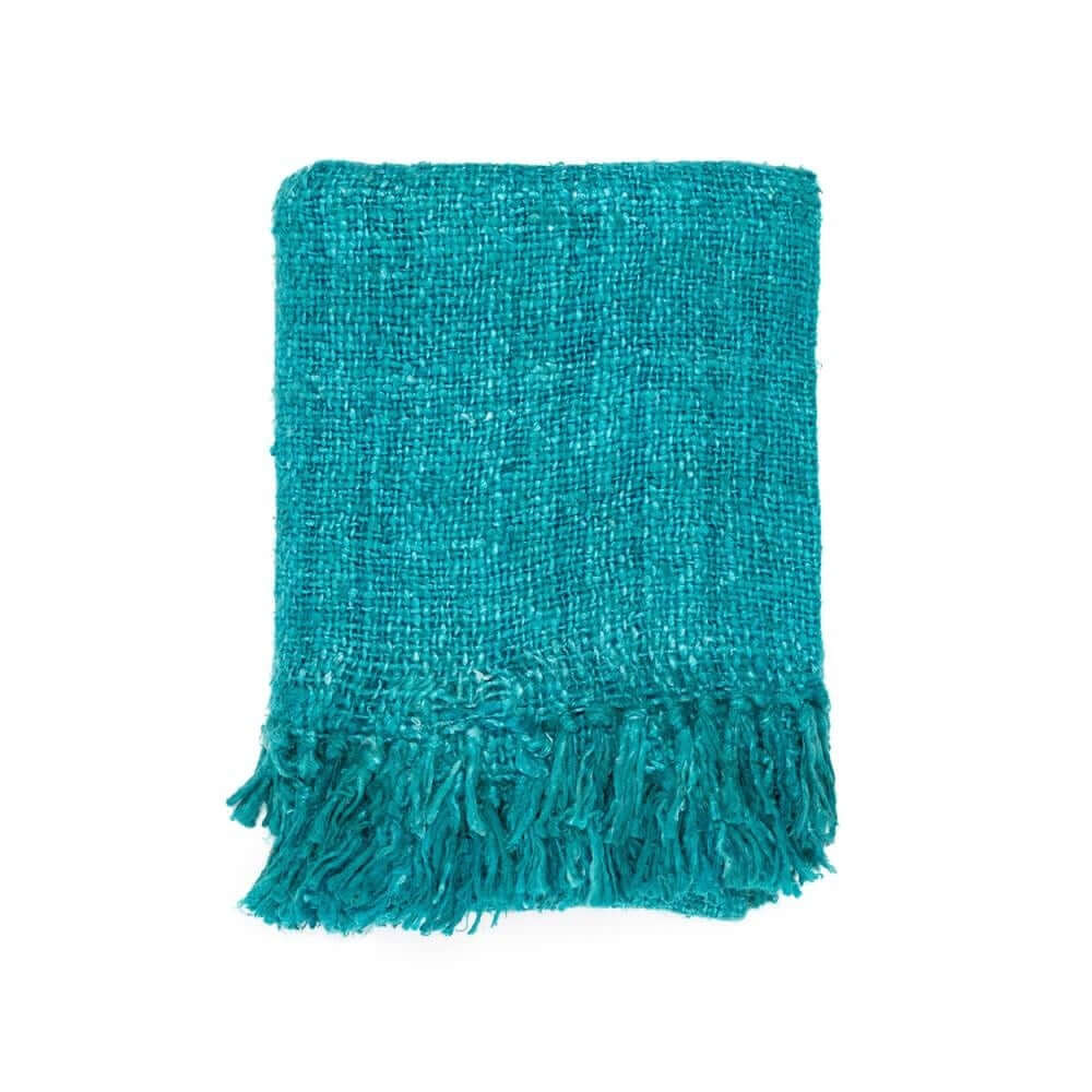 Luxueuze aqua handgeweven katoenen plaid met franjes en zijden look, perfect voor gezellige sfeer in huis of buiten.