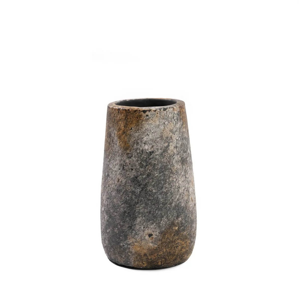Antieke grijze vaas van terracotta, perfect voor een Bohemian touch in je interieur, geschikt voor droge of verse bloemen.