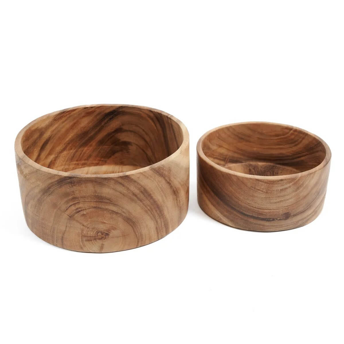 Set Suar houten saladeschalen met unieke nerfpatronen, elegant en duurzaam. Perfecte aanvulling op uw eettafel.