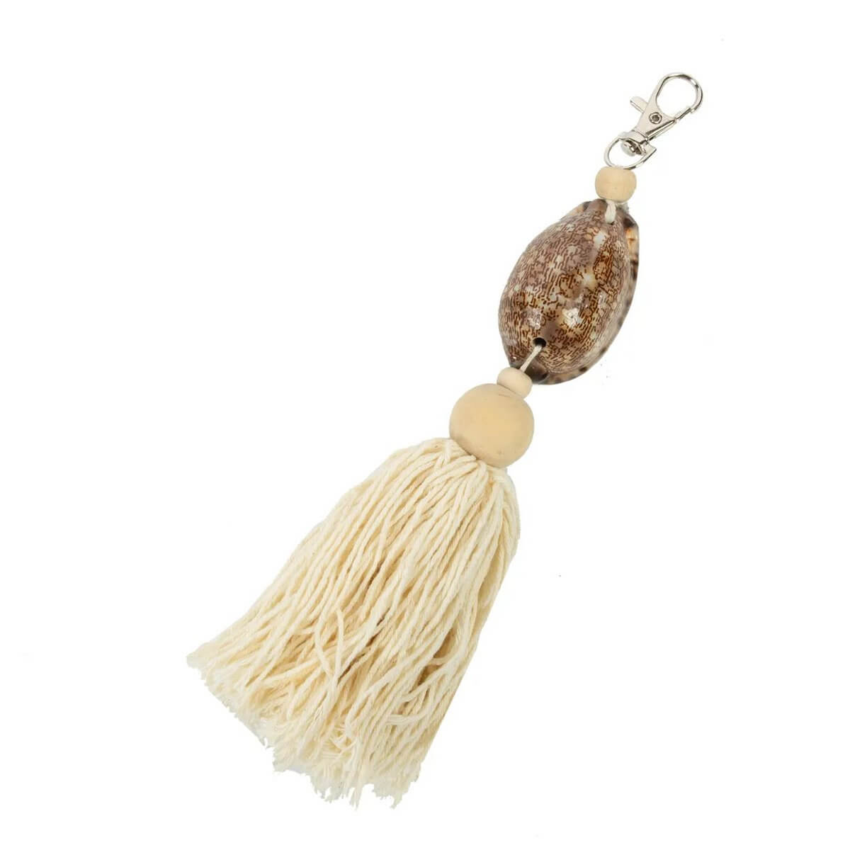 Bohemian-style Sumbawa keychain in natural brown with rustic charm, featuring durable wood and soft cotton tassel.
