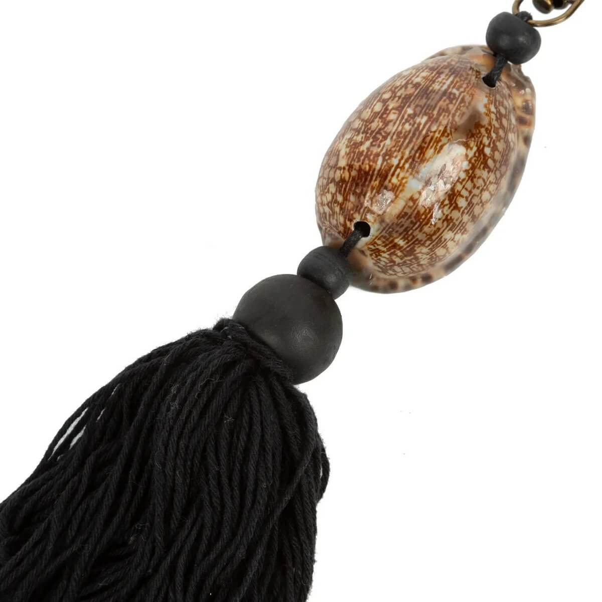 Bohemian-style keychain with dark wooden bead and black tassel, showcasing rustic charm. Perfect for stylish key organization.
