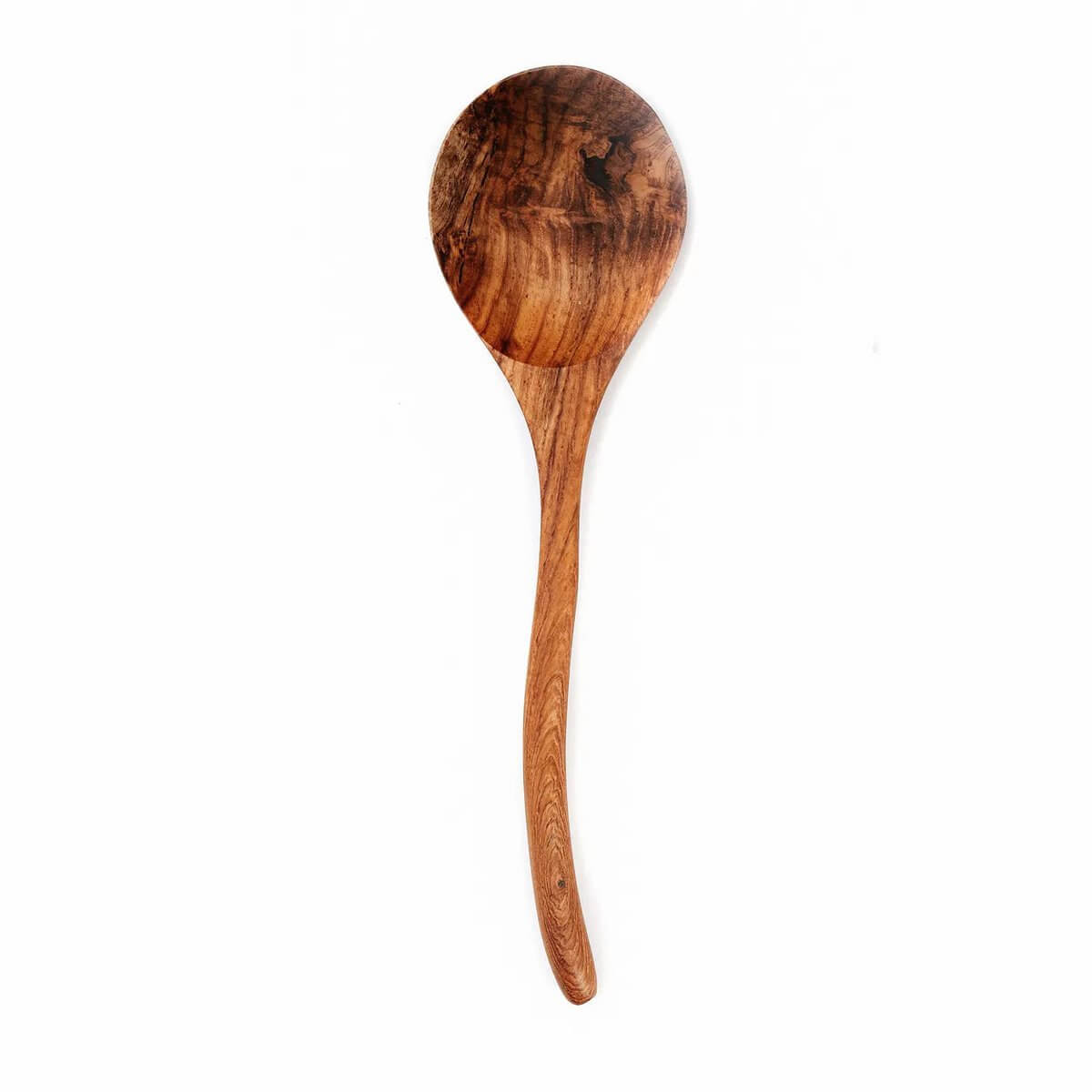 Handmade teak wooden root spoon with curved handle, perfect for bohemian table settings. Dimensions: 8cm width, 30cm length.