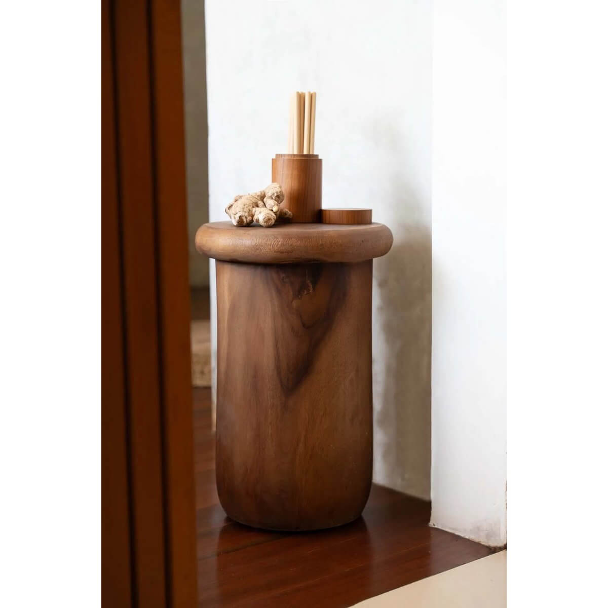 Bohemian teak root jar with intricate textures, perfect for stylish storage and table centerpiece.